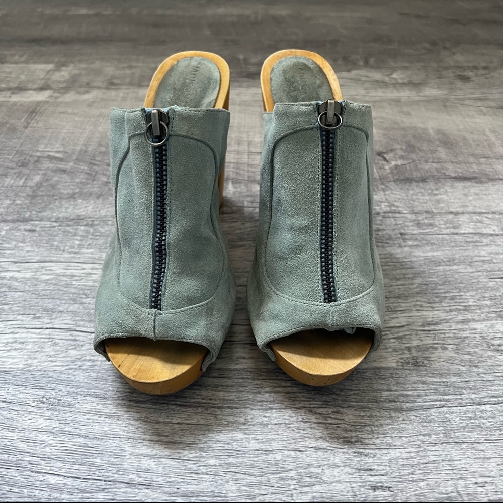 Madison Harding Wooden Heels Slides Front Zipper Platform